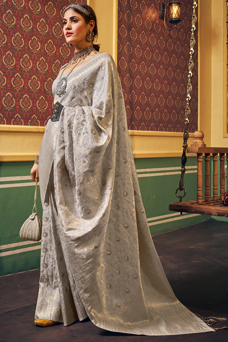 Ravishing Grey Soft Banarasi Silk Saree With Grandiose Blouse Piece - Image 3