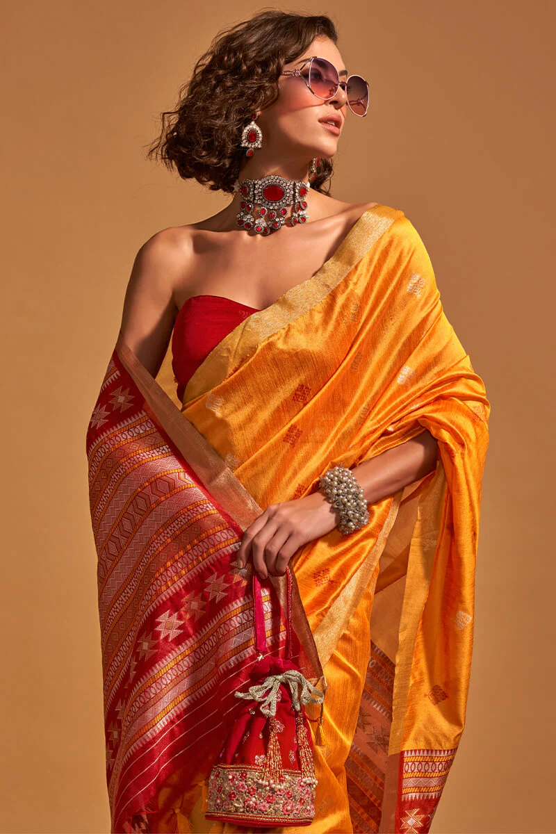Ravishing Orange Soft Banarasi Silk Saree With Prettiest Blouse Piece - Image 2