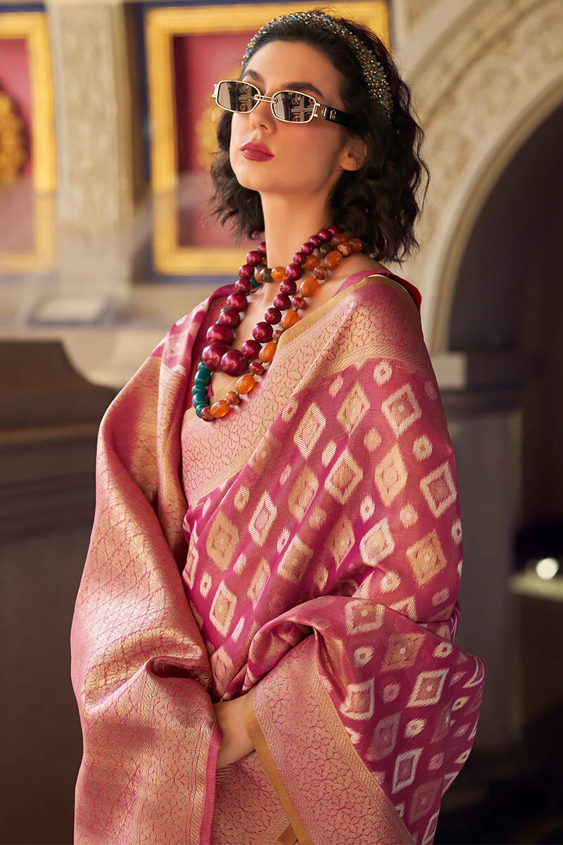 Ravishing Purple Soft Banarasi Tissue Silk Saree With Groovy Blouse Piece - Image 4