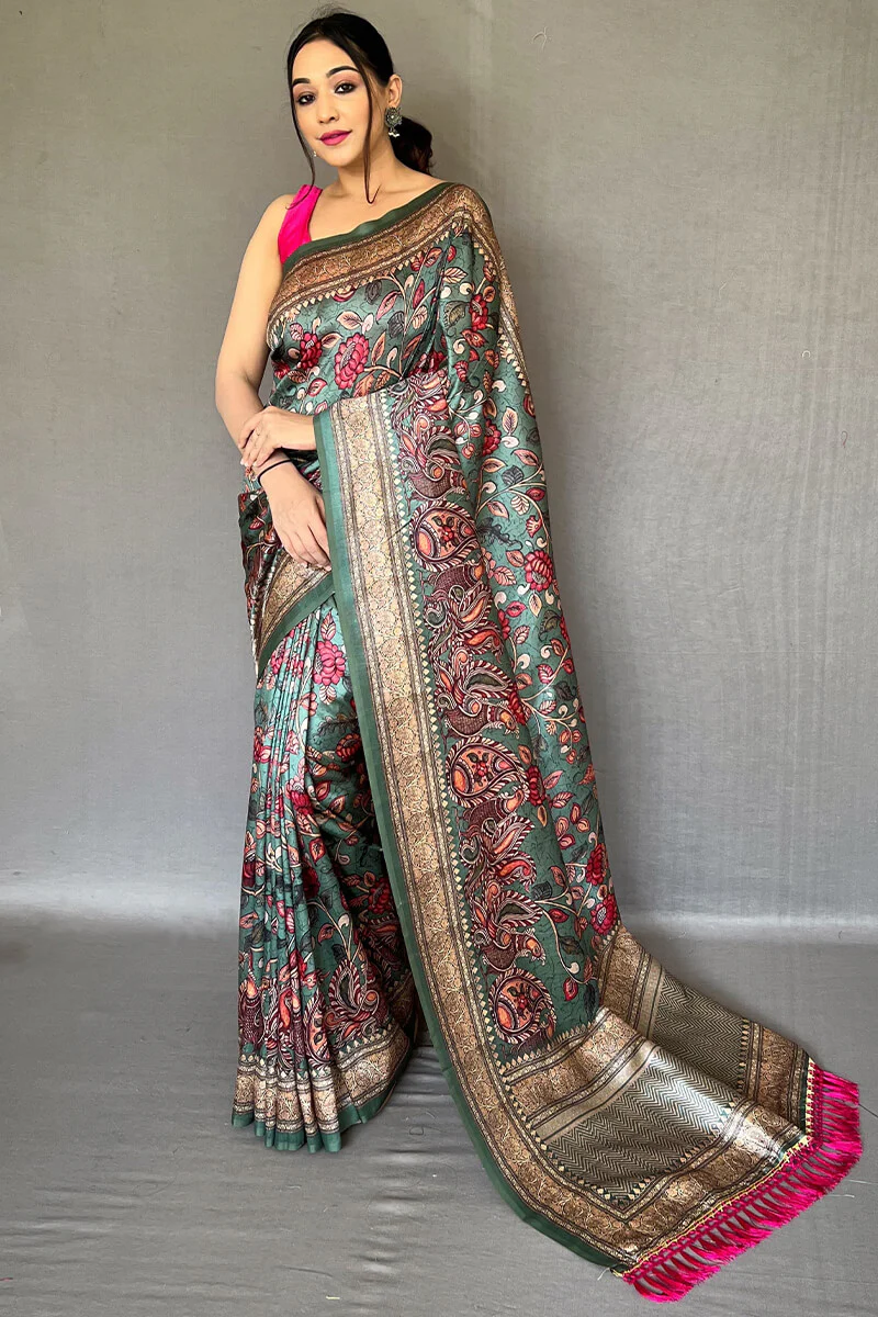 Ravishing Rama Kalamkari Printed Soft Silk Saree With Beautiful Blouse Piece