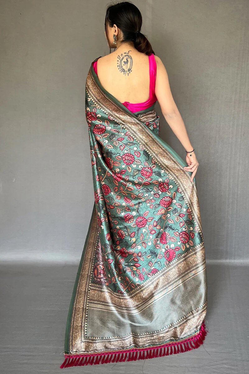Ravishing Rama Kalamkari Printed Soft Silk Saree With Beautiful Blouse Piece - Image 4