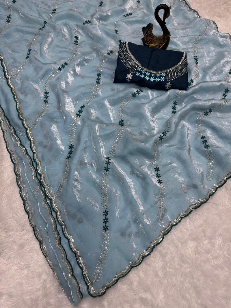 Ravishing Sky Sequence Work Fandy Silk Saree With Gorgeous Blouse Piece - Image 3