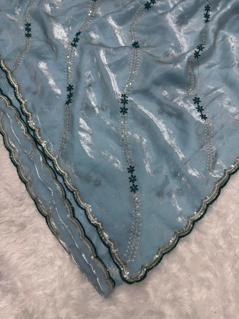 Ravishing Sky Sequence Work Fandy Silk Saree With Gorgeous Blouse Piece - Image 4