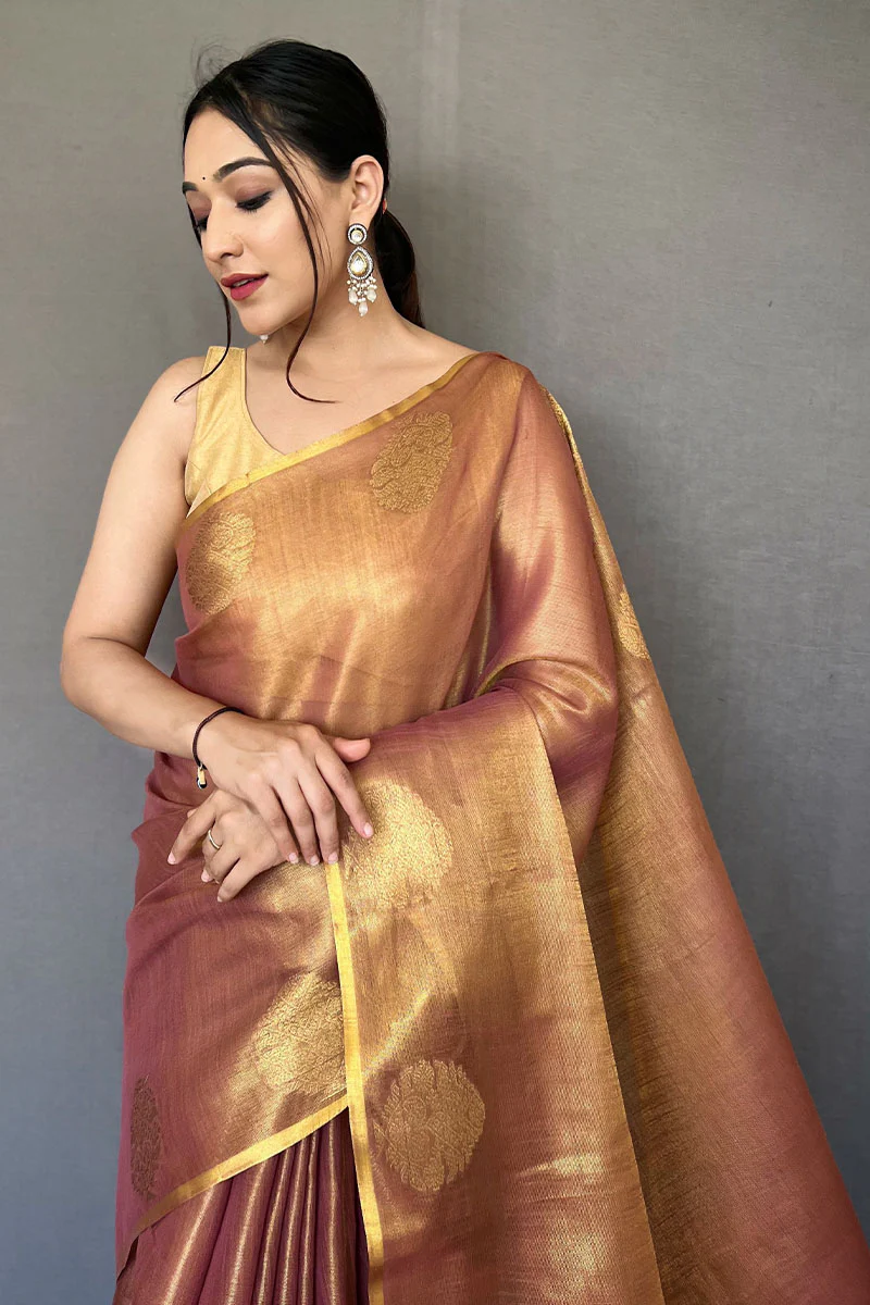 Ravishing Wine Soft Banarasi Tissue Silk Saree With Winsome Blouse Piece - Image 2