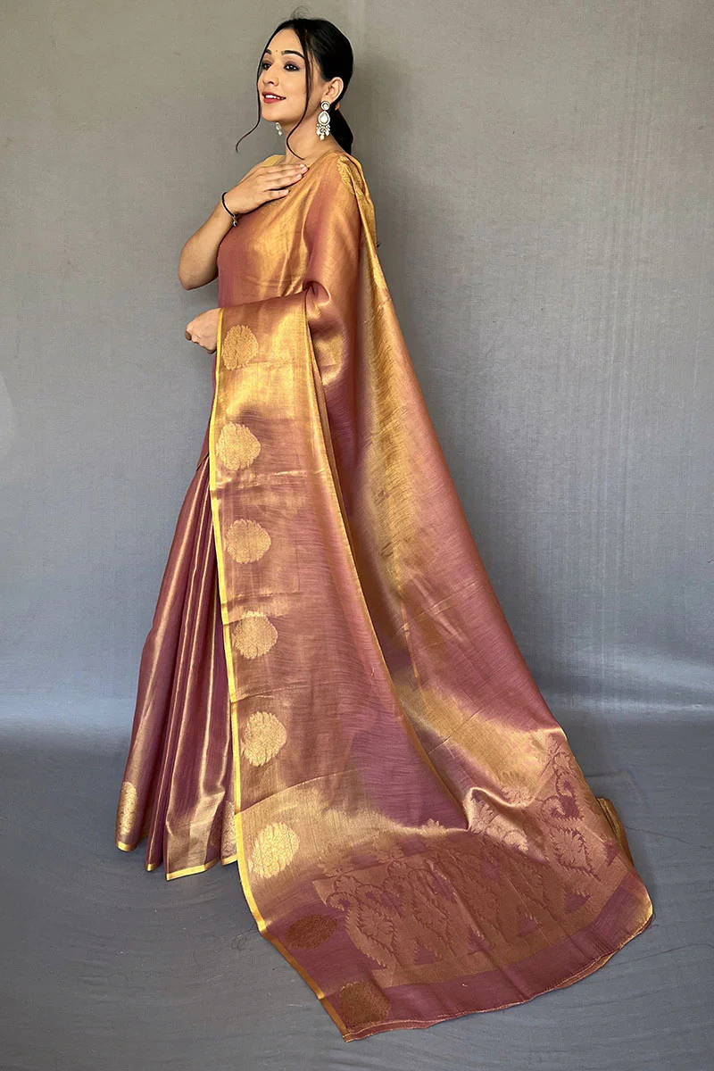 Ravishing Wine Soft Banarasi Tissue Silk Saree With Winsome Blouse Piece - Image 3