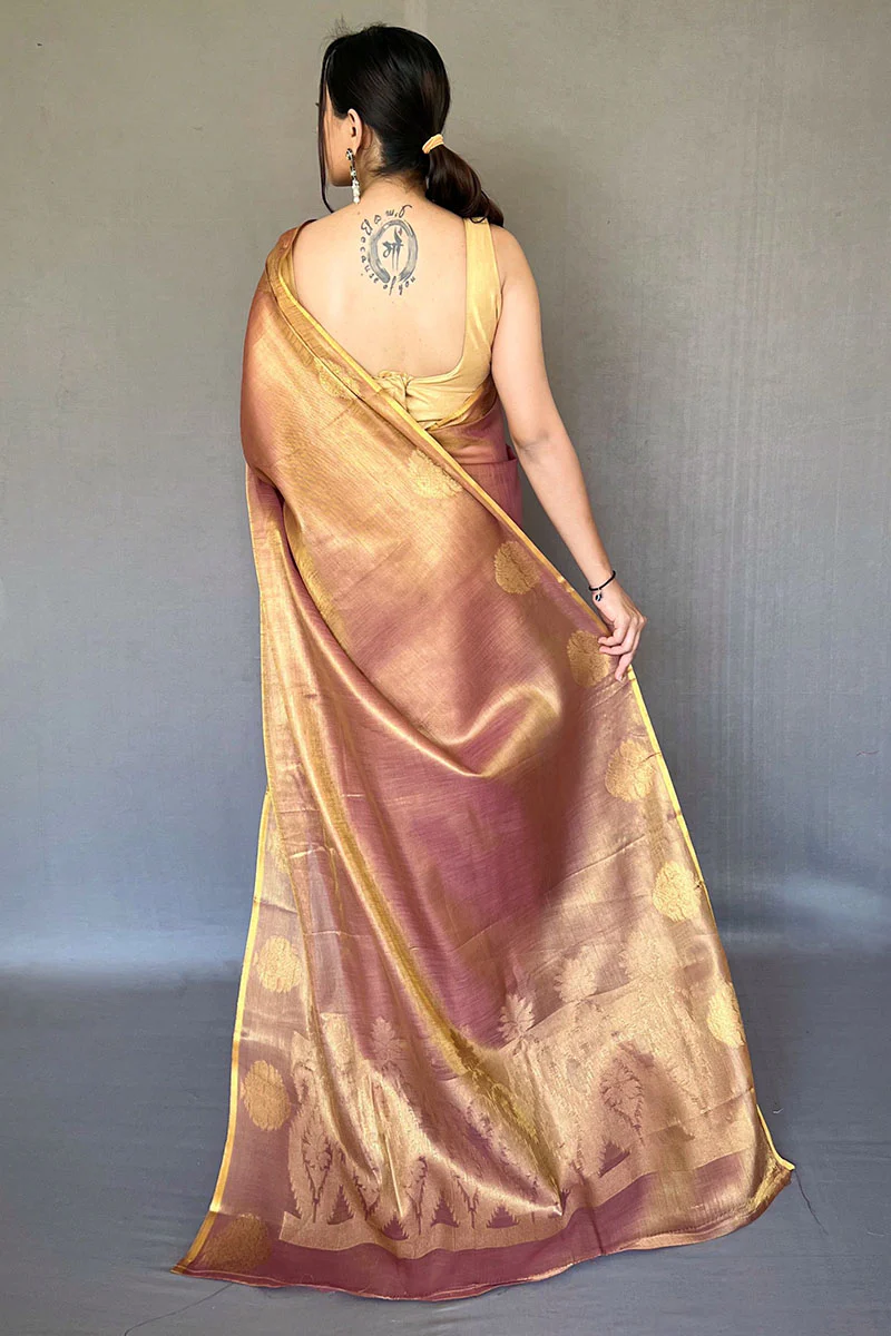 Ravishing Wine Soft Banarasi Tissue Silk Saree With Winsome Blouse Piece - Image 4