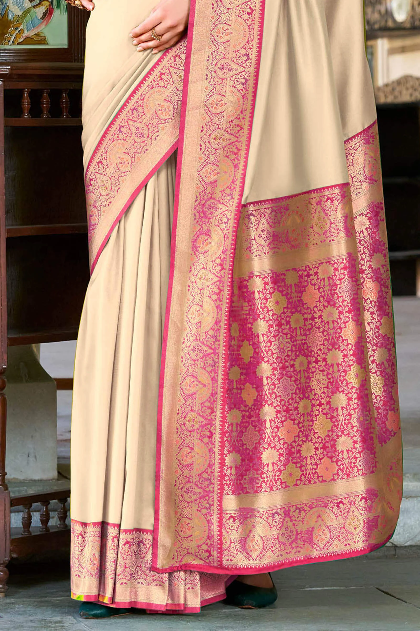 Redolent Beige Soft Banarasi Silk Saree With Ebullience Blouse Piece - Image 3