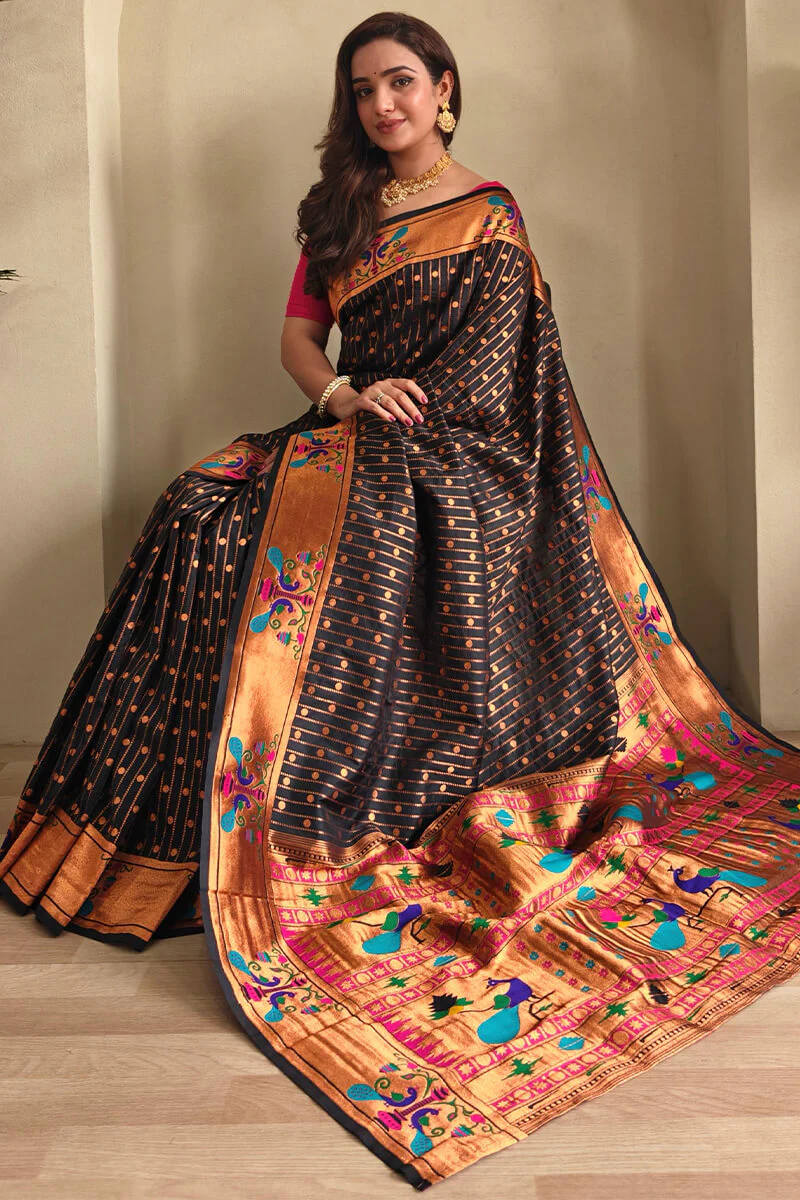 Redolent Black Paithani Silk Saree With Profuse Blouse Piece - Image 2