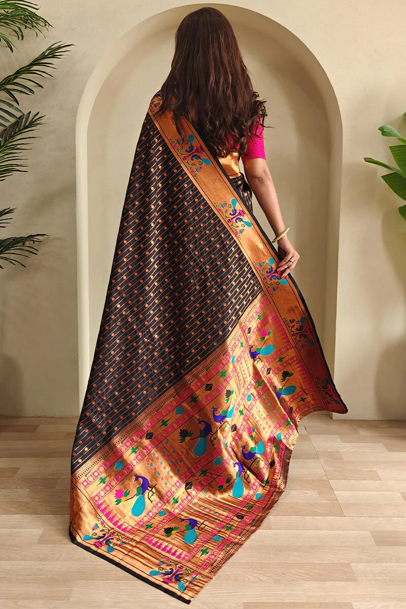 Redolent Black Paithani Silk Saree With Profuse Blouse Piece - Image 3
