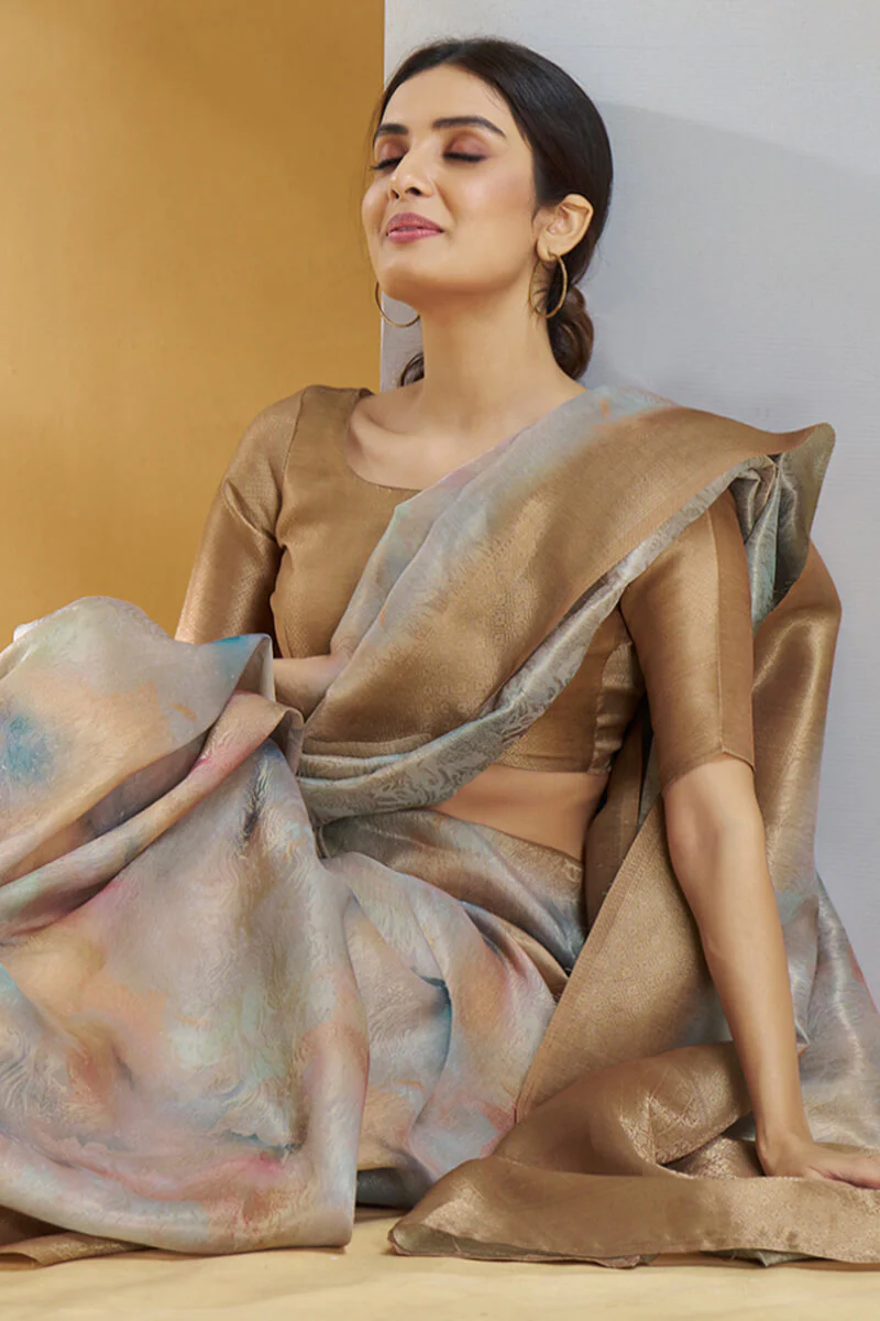 Redolent Brown Digital Printed Soft Silk Saree With Inimitable Blouse Piece - Image 2