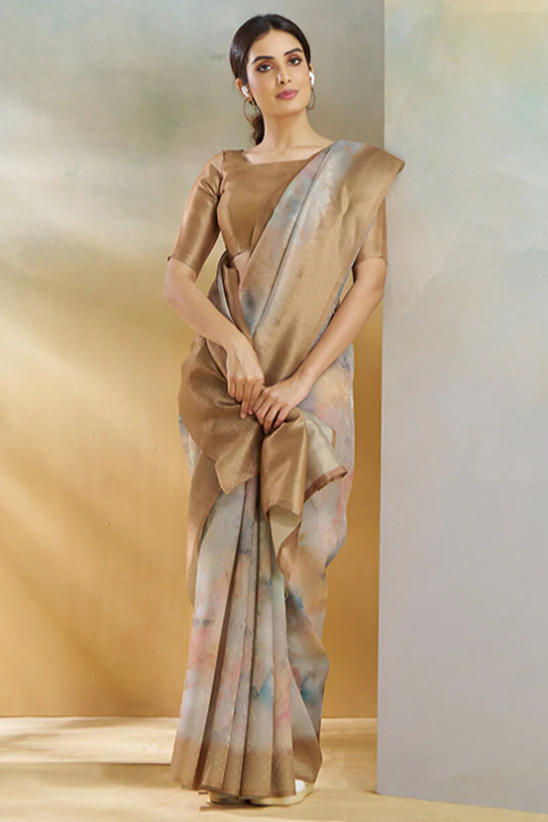 Redolent Brown Digital Printed Soft Silk Saree With Inimitable Blouse Piece - Image 3