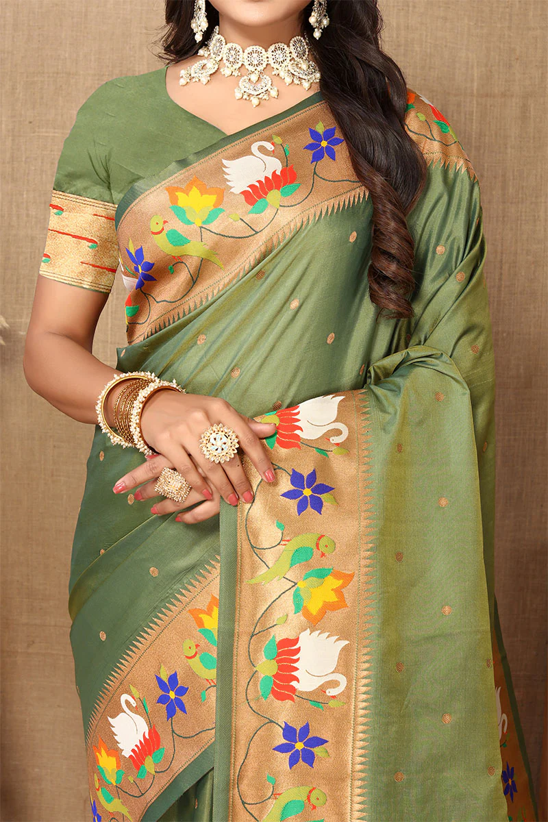 Redolent Mehndi Paithani Silk Saree With Sumptuous Blouse Piece - Image 2