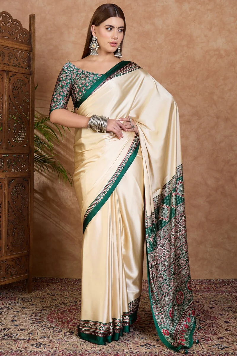 Redolent Off White Ajrakh Printed Semi Modal Silk Saree With Gleaming Blouse Piece - Image 3