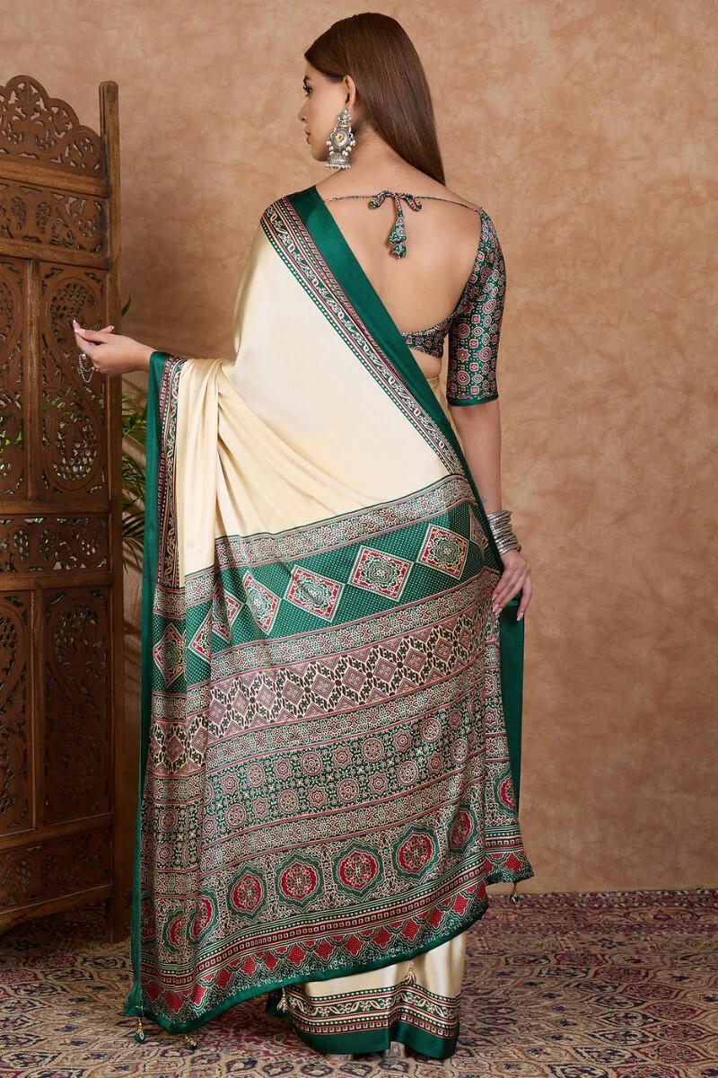 Redolent Off White Ajrakh Printed Semi Modal Silk Saree With Gleaming Blouse Piece - Image 7