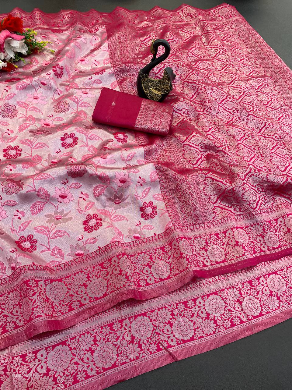 Redolent Pink Soft Banarasi Tissue Silk Saree With Engaging Blouse Piece - Image 2