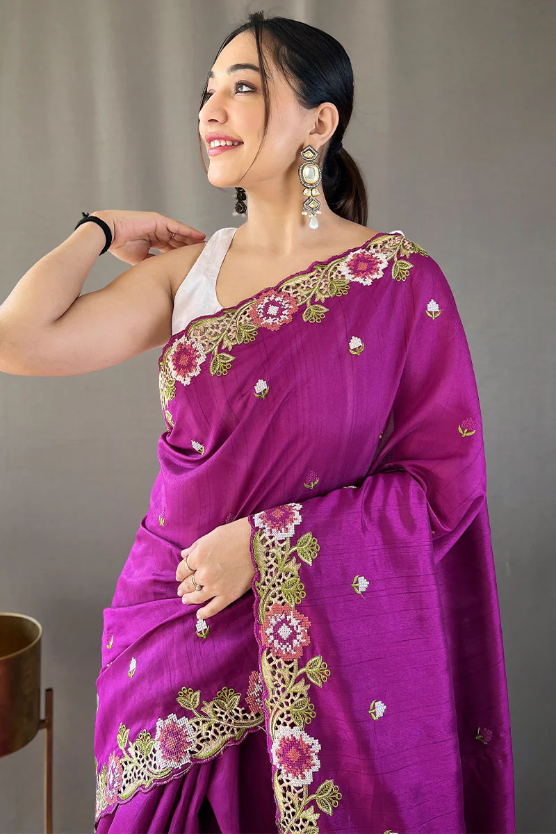 Redolent Purple Embroidery Work Tussar Silk Saree With Splendiferous Blouse Piece - Image 2