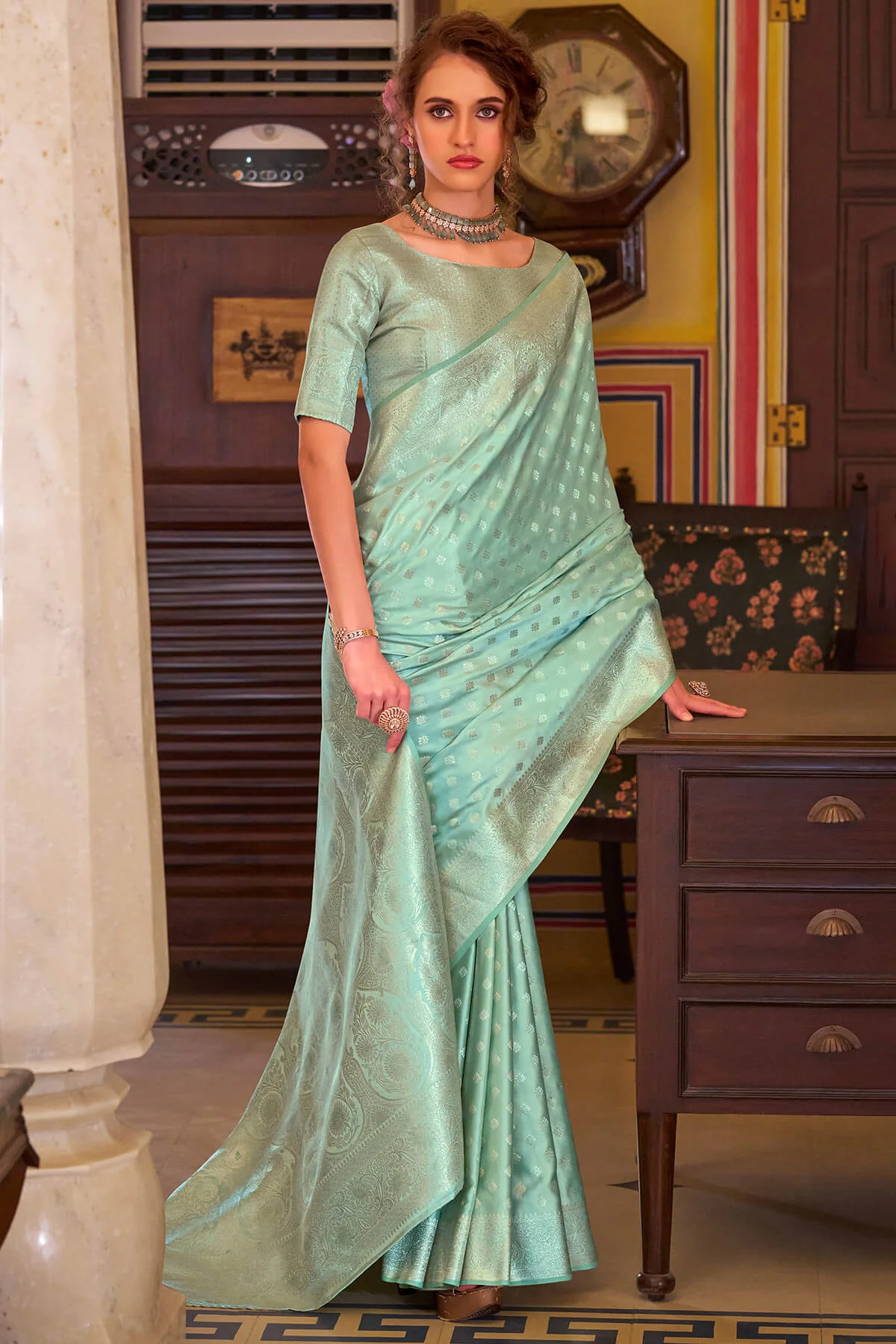 Redolent Sea Green Banarasi Satin Silk Saree With Ethnic Blouse - Image 3