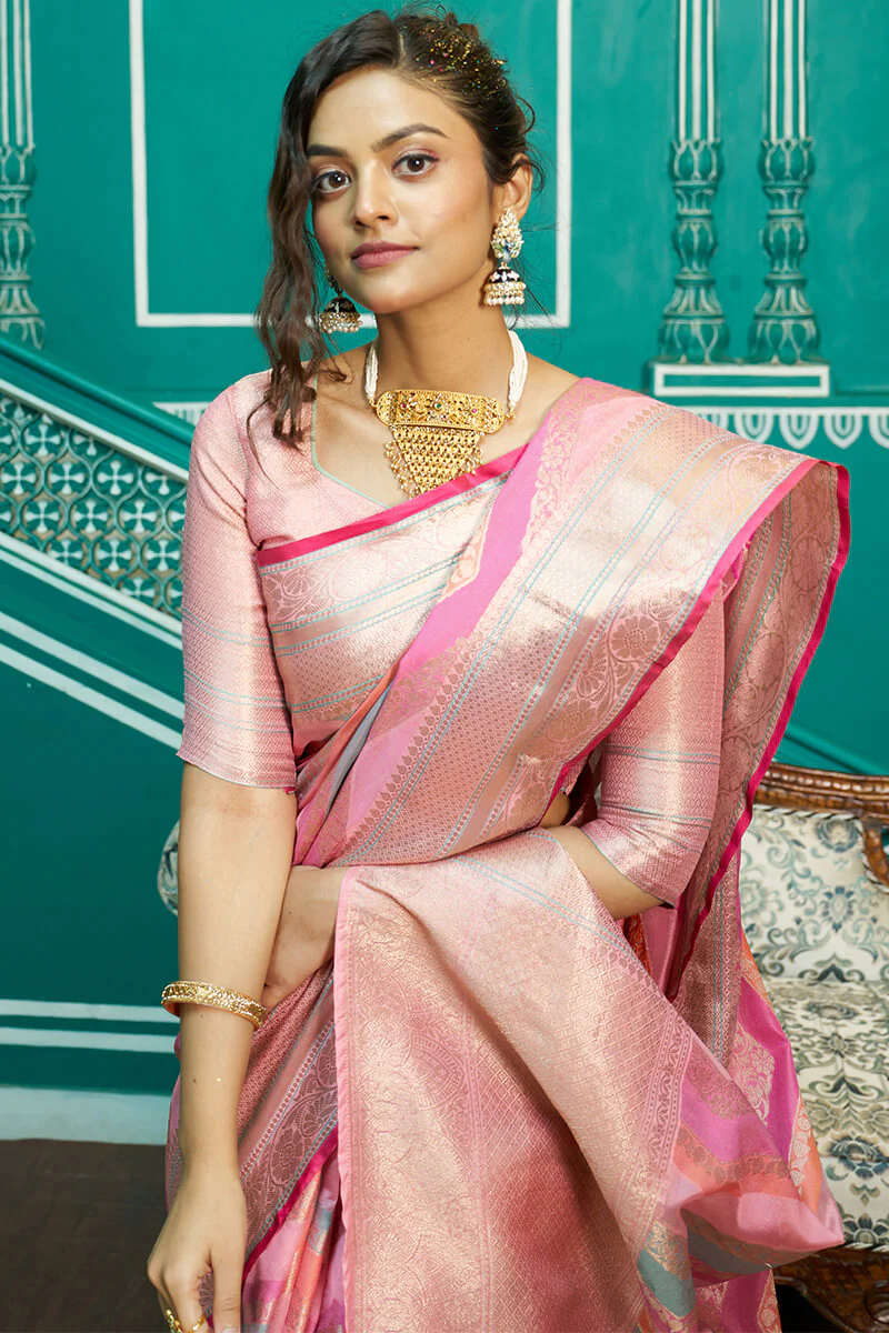 Refreshing Baby Pink Organza Silk Saree With Radiant Blouse Piece - Image 2
