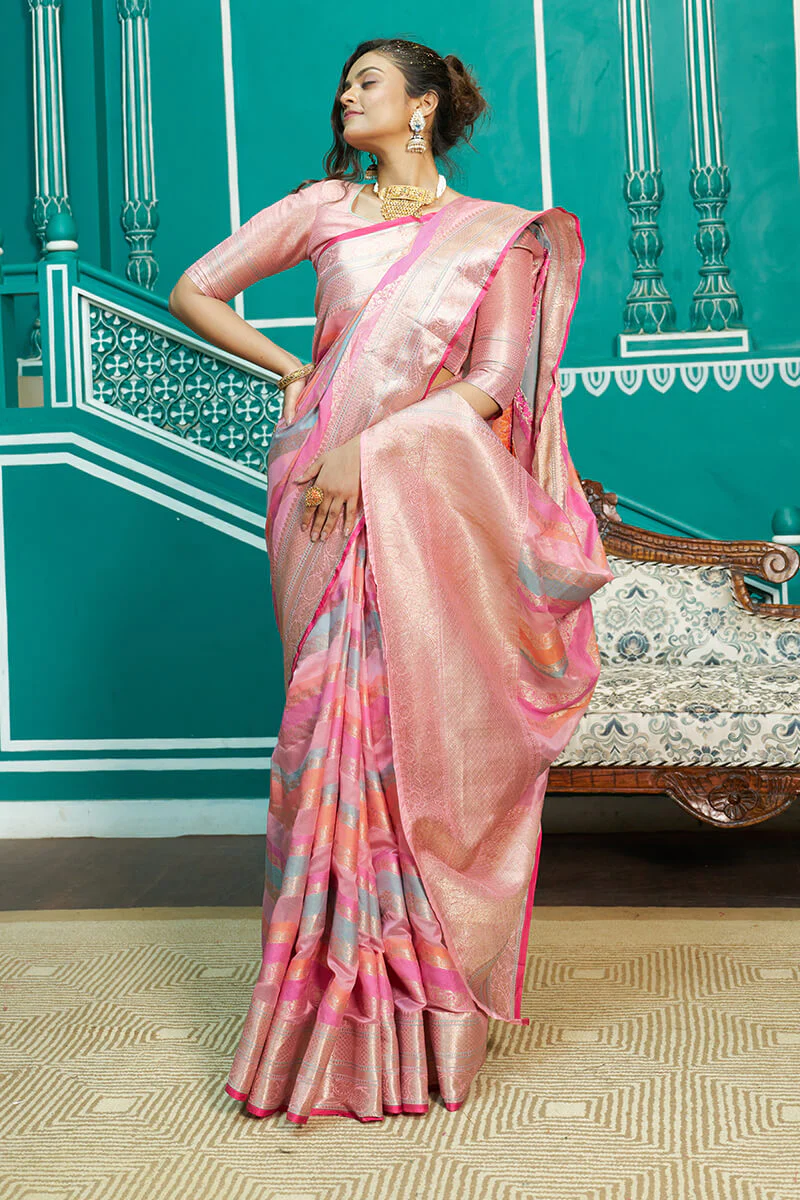 Refreshing Baby Pink Organza Silk Saree With Radiant Blouse Piece - Image 3