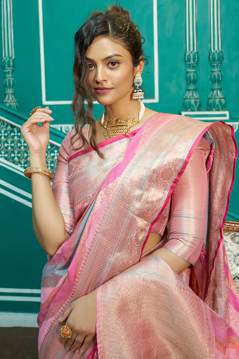 Refreshing Baby Pink Organza Silk Saree With Radiant Blouse Piece - Image 7