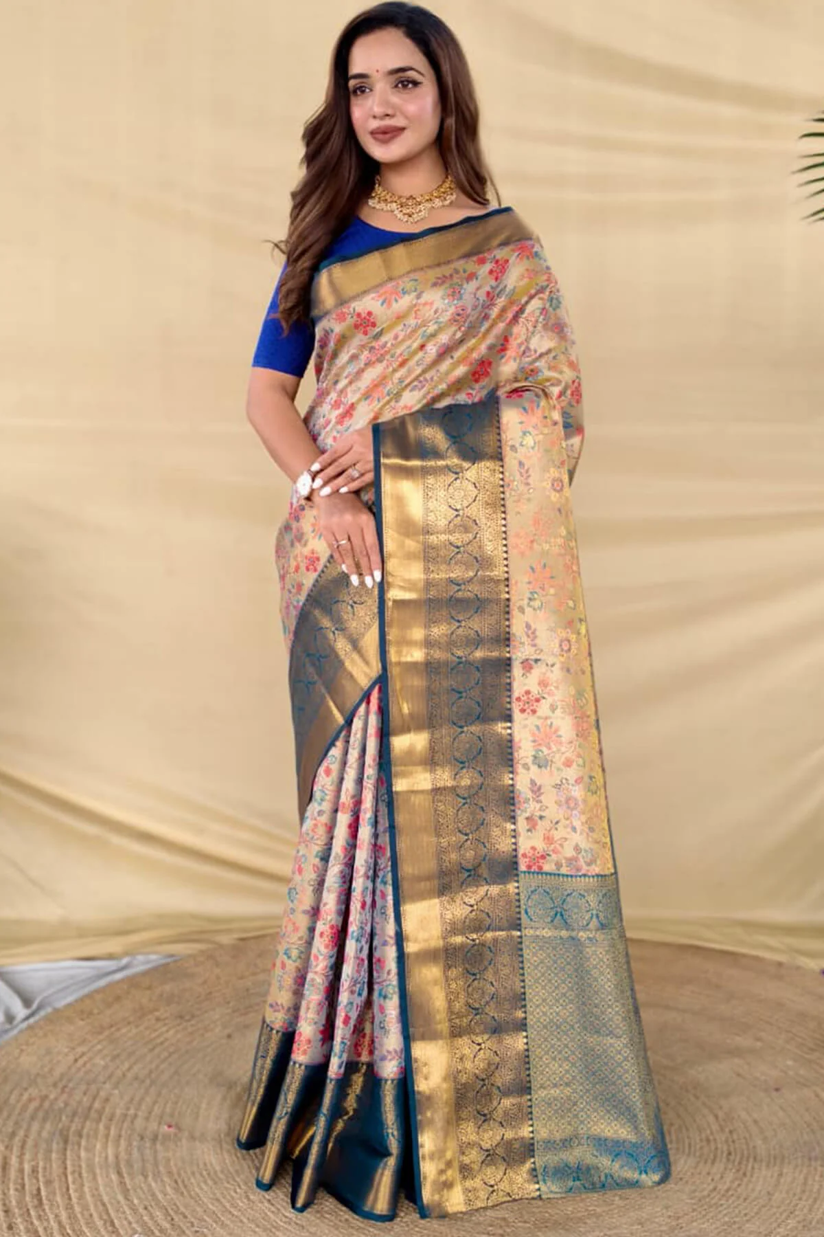 Refreshing Beige Kanjivaram Silk Saree With Jazzy Blouse Piece