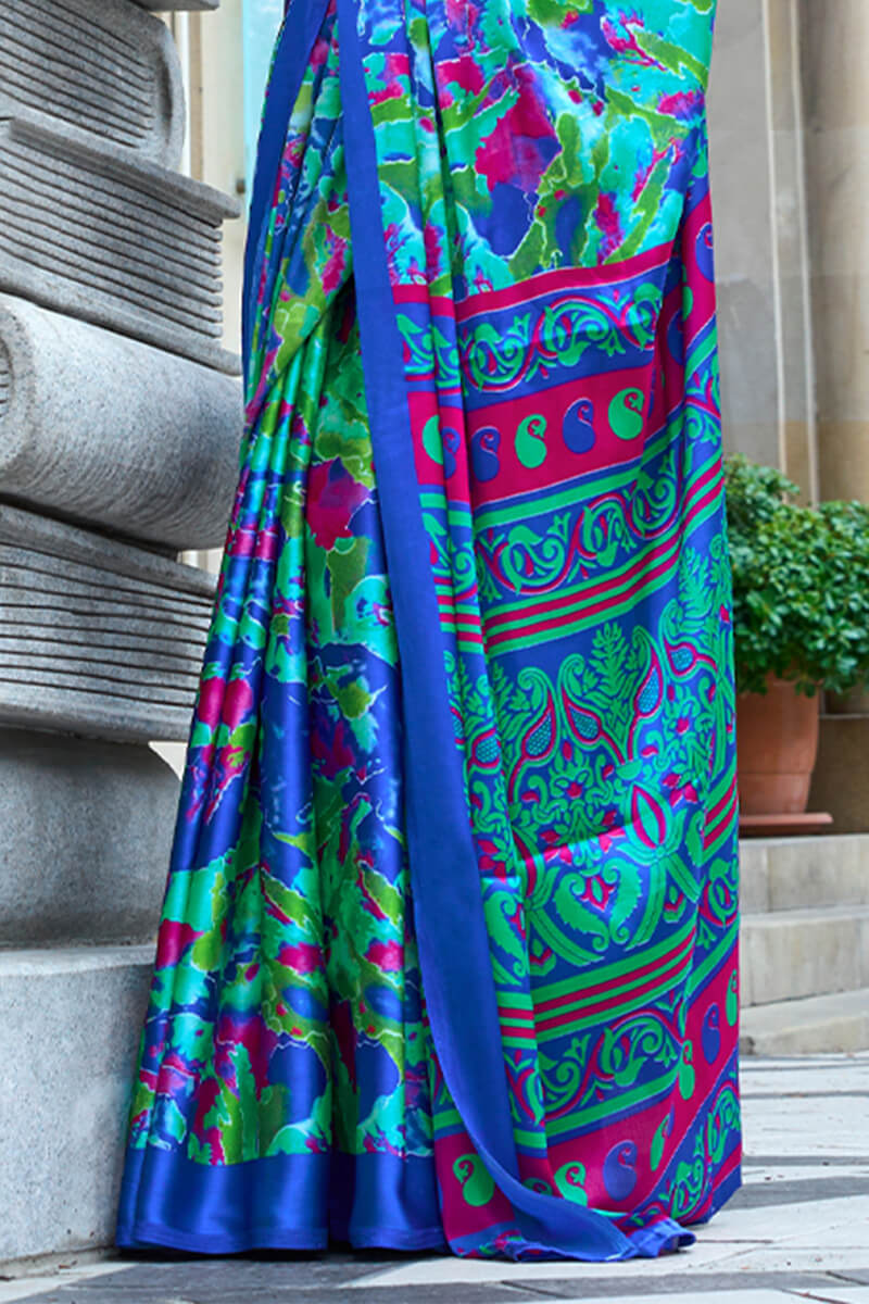 Refreshing Blue Digital Printed Satin Silk Saree With Energetic Blouse Piece - Image 3