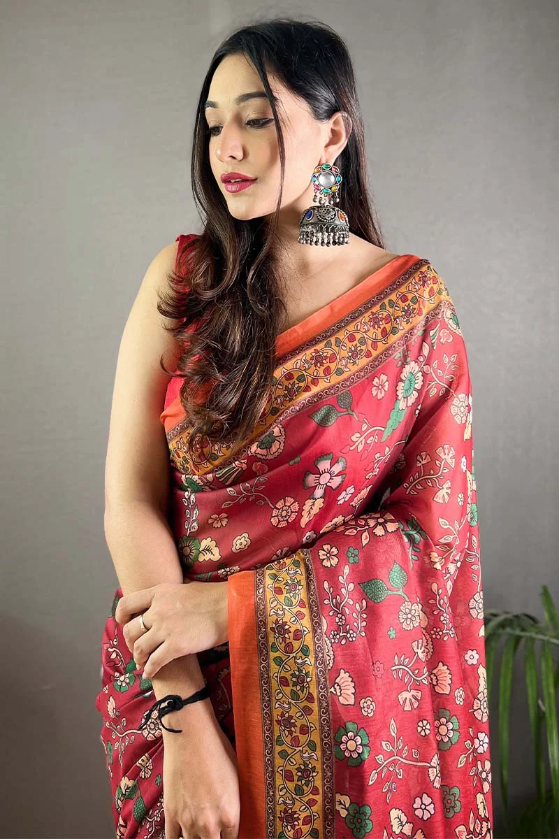 Refreshing Dark Pink Kalamkari Printed Saree With Flaunt Blouse Piece - Image 2
