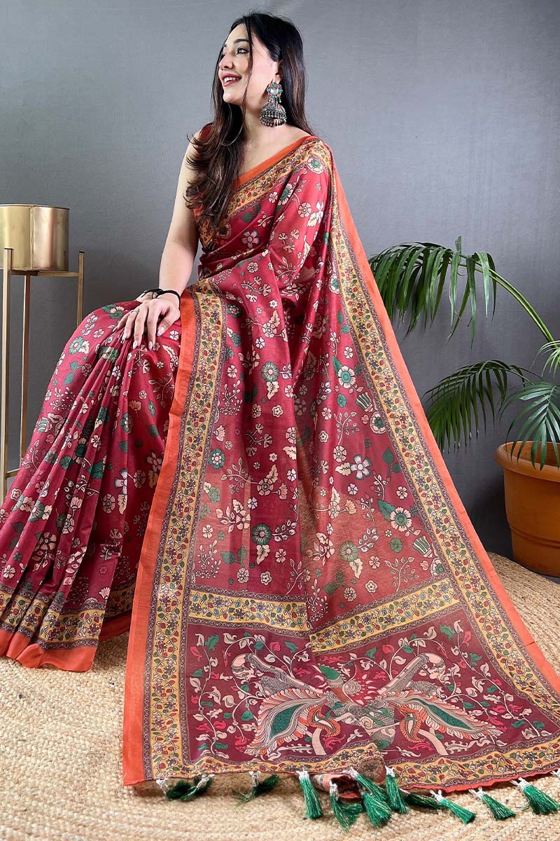 Refreshing Dark Pink Kalamkari Printed Saree With Flaunt Blouse Piece - Image 3