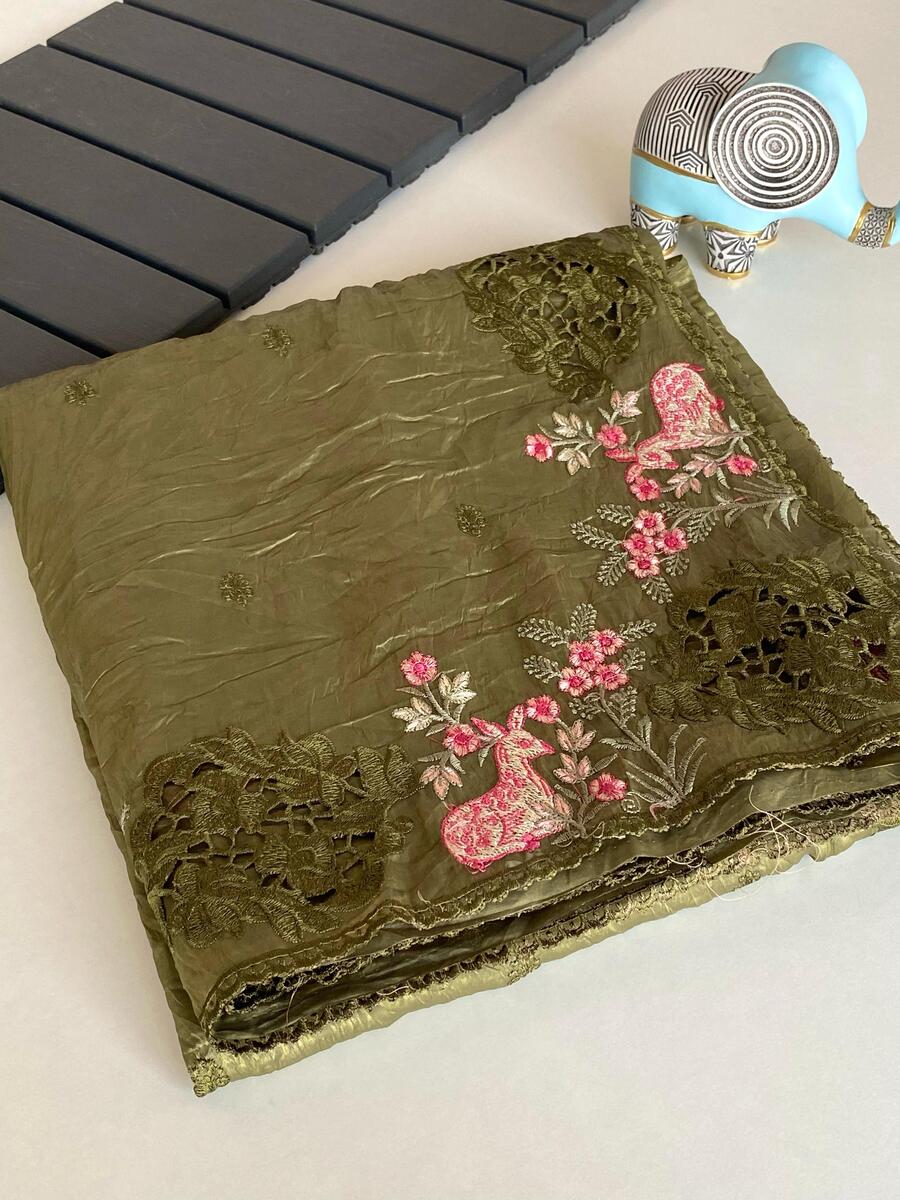 Refreshing Green Embroidery Work Crush Silk Saree With Eloquence Blouse Piece - Image 2