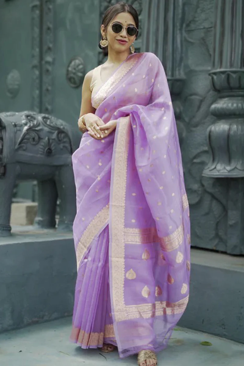 Refreshing Lavender Linen Silk Saree With Phenomenal Blouse Piece - Image 5
