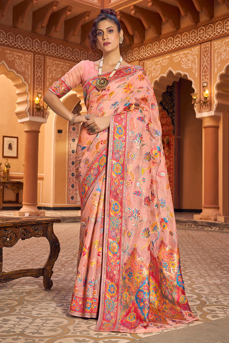 Refreshing Peach Linen Silk Saree With Groovy Blouse Piece - Image 3