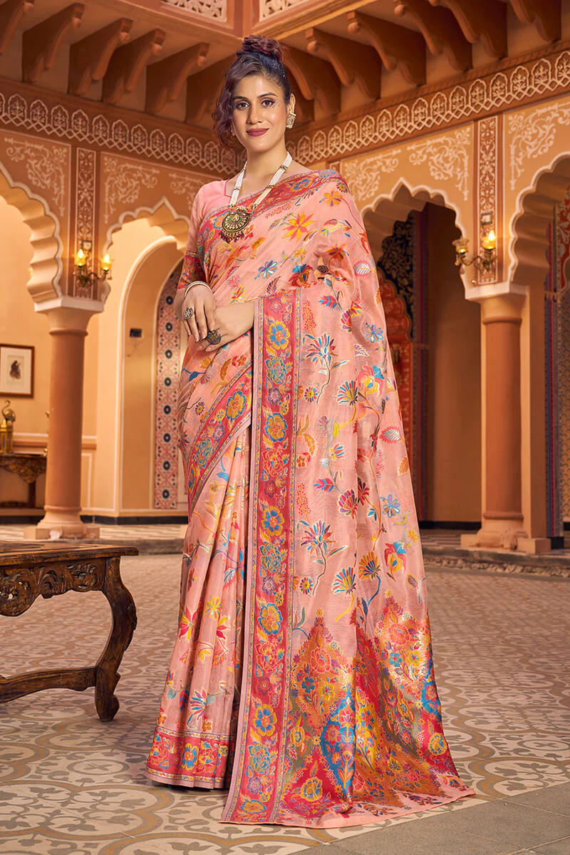 Refreshing Peach Linen Silk Saree With Groovy Blouse Piece - Image 4
