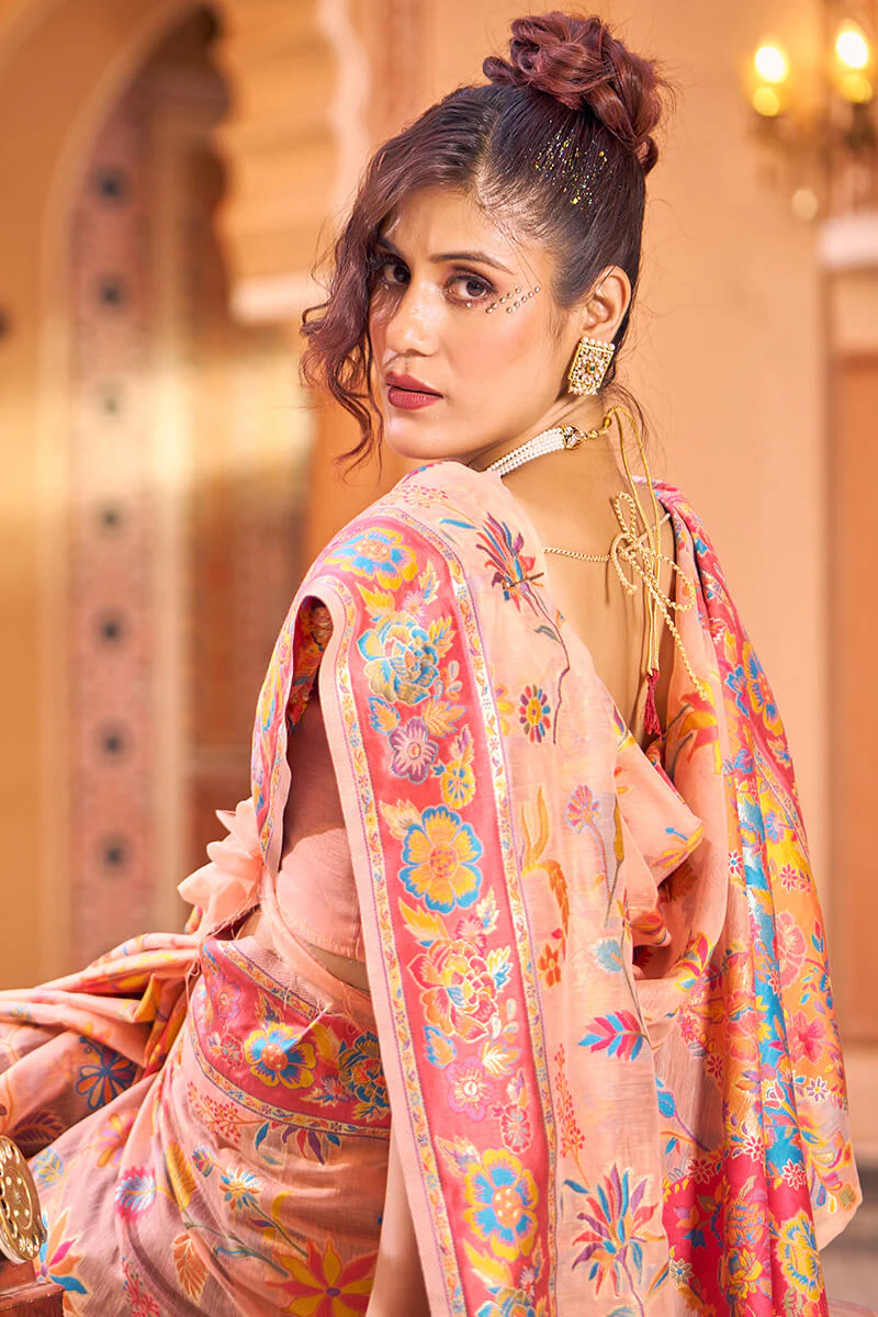 Refreshing Peach Linen Silk Saree With Groovy Blouse Piece - Image 5
