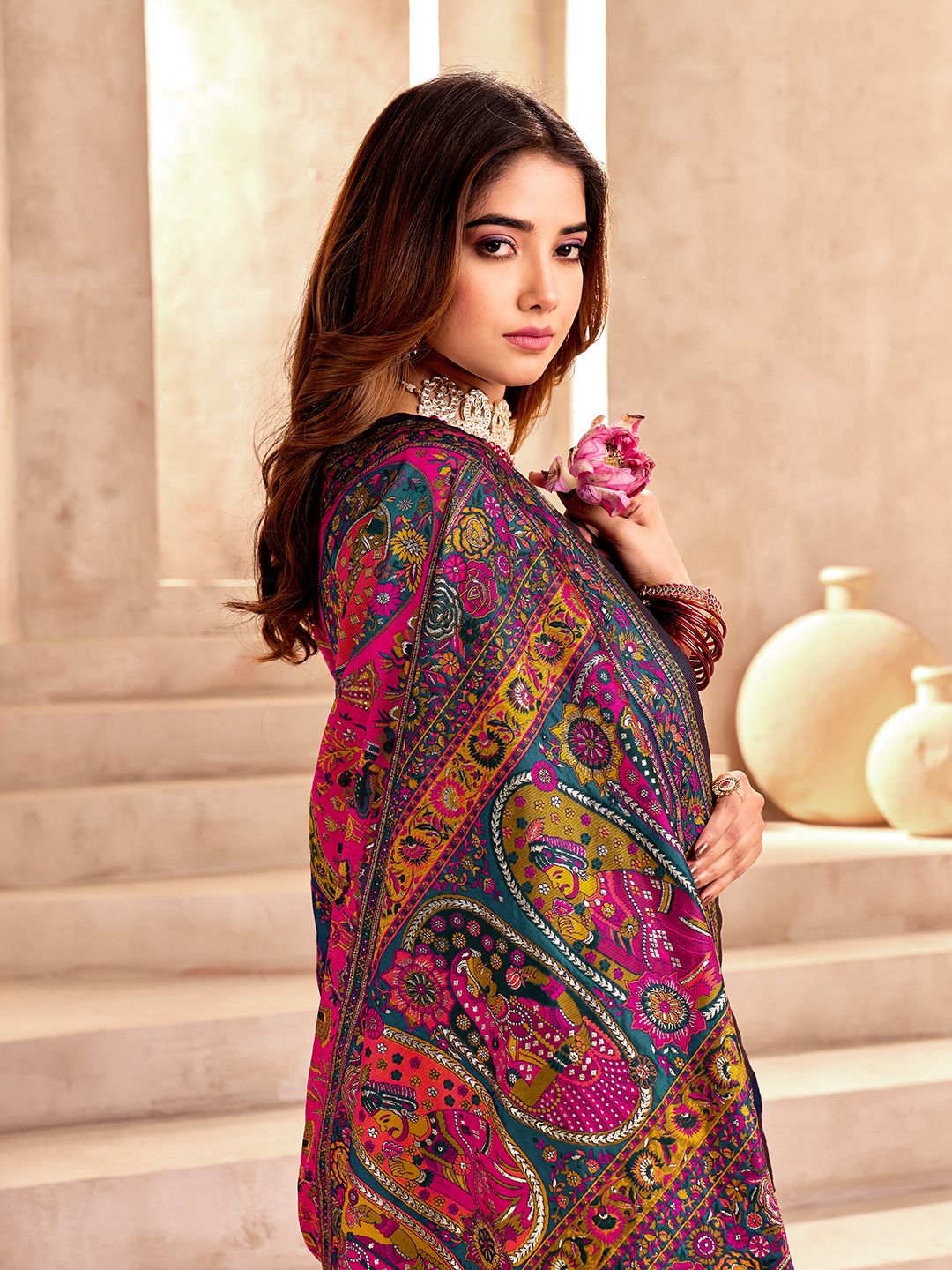 Refreshing Rama Nylon Dola Pashmina Saree With Scrumptious Blouse Piece - Image 2