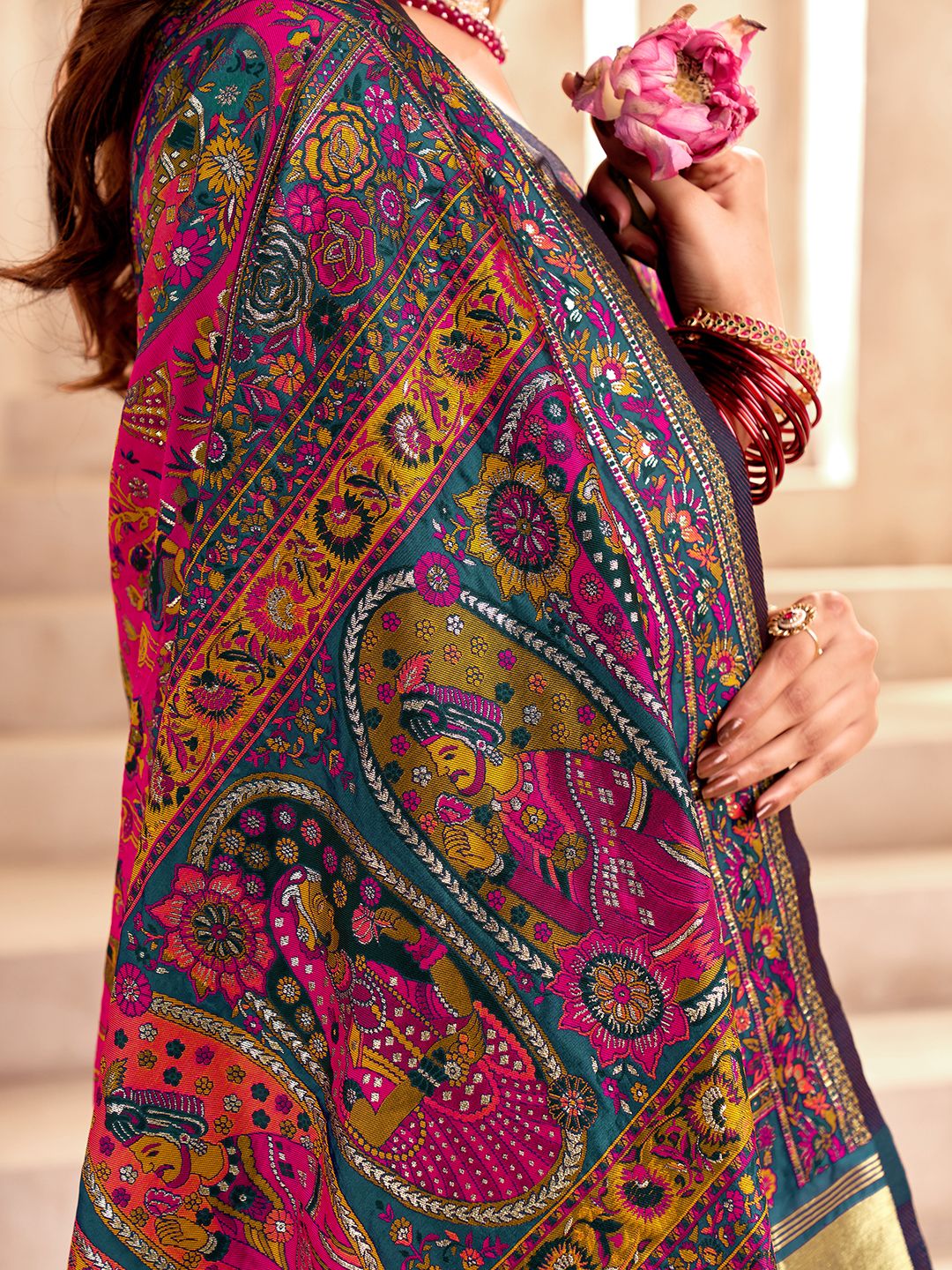 Refreshing Rama Nylon Dola Pashmina Saree With Scrumptious Blouse Piece - Image 4