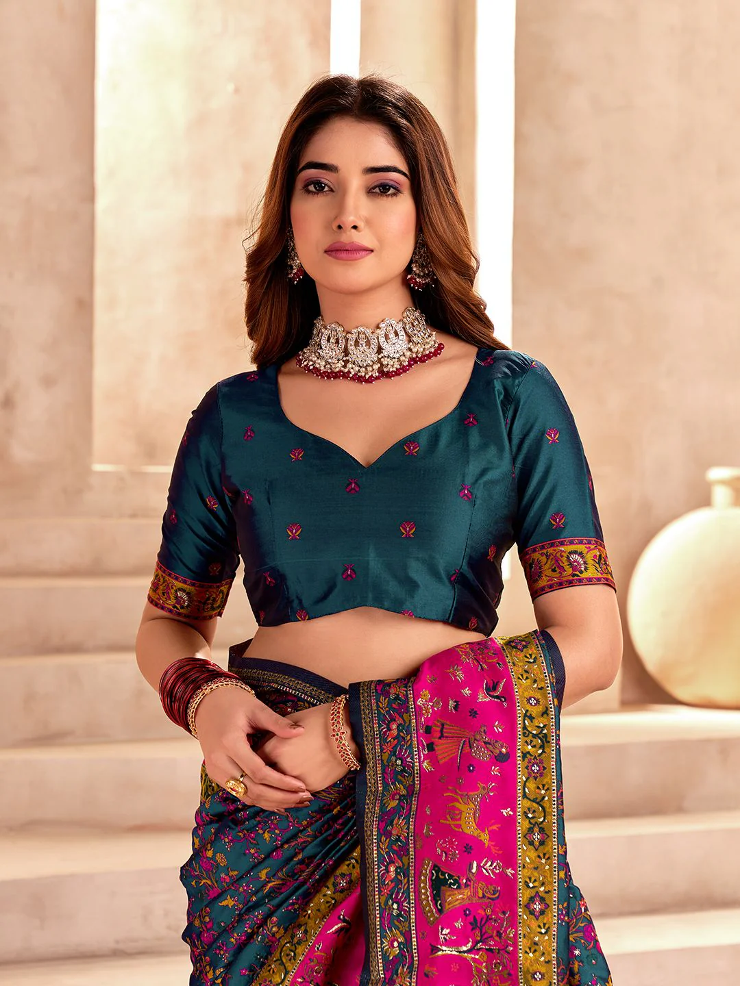 Refreshing Rama Nylon Dola Pashmina Saree With Scrumptious Blouse Piece - Image 6