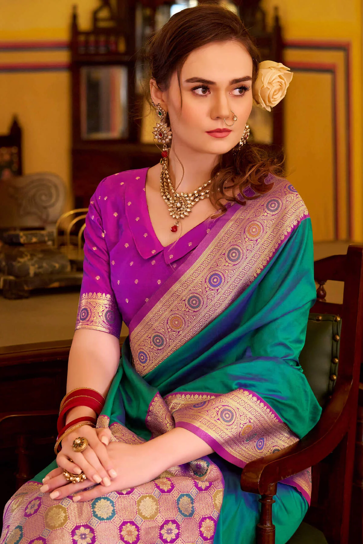 Refreshing Rama Pure Zari Weaving Banarasi Silk Saree With Lassitude Blouse Piece - Image 2