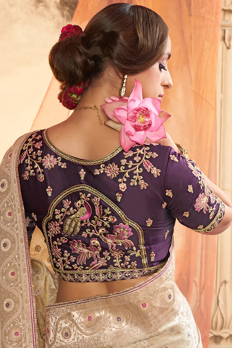Resonant Beige Banarasi Satin Silk Saree With Winsome Blouse - Image 3