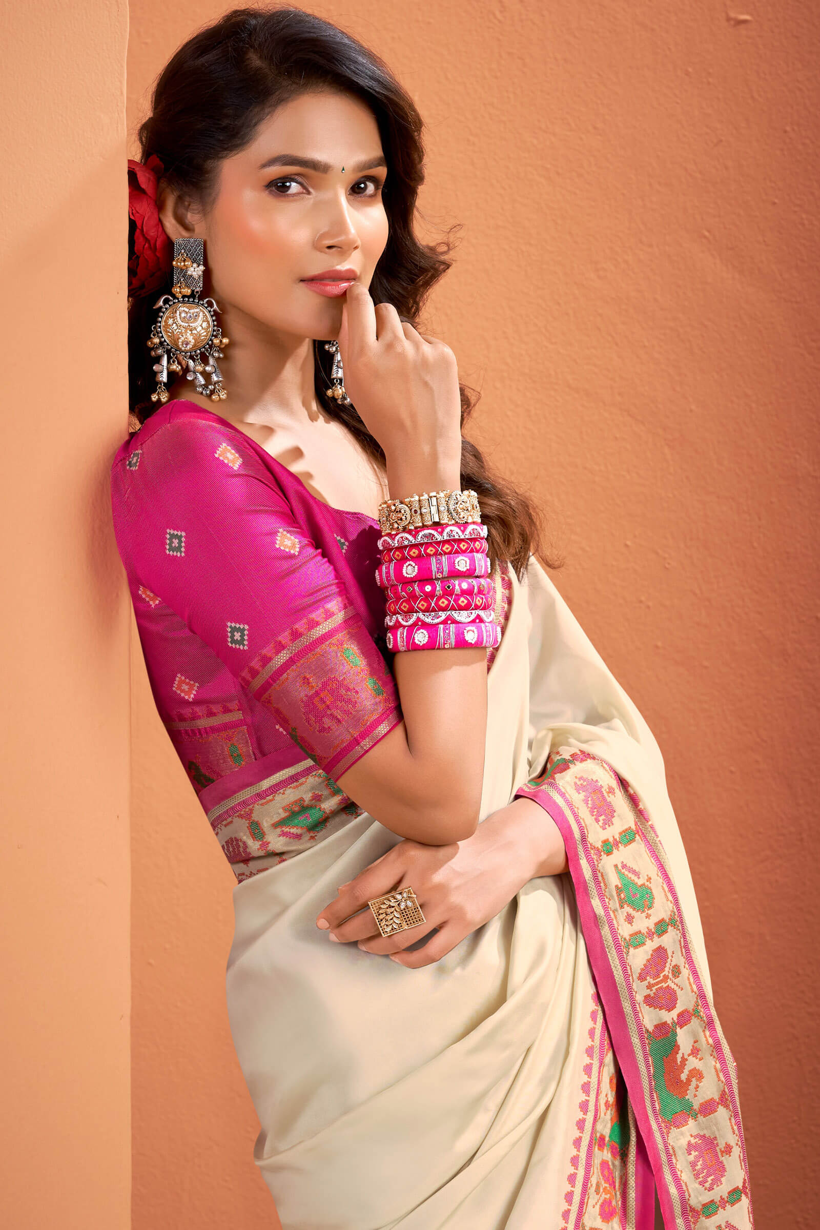 Resonant Beige Patola Silk Saree with Desultory Blouse Piece - Image 2