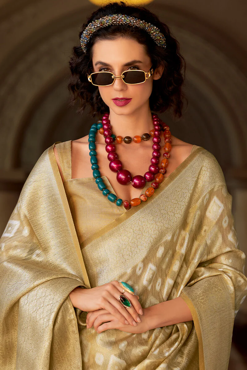 Resonant Beige Soft Banarasi Tissue Silk Saree With Imaginative Blouse Piece - Image 2