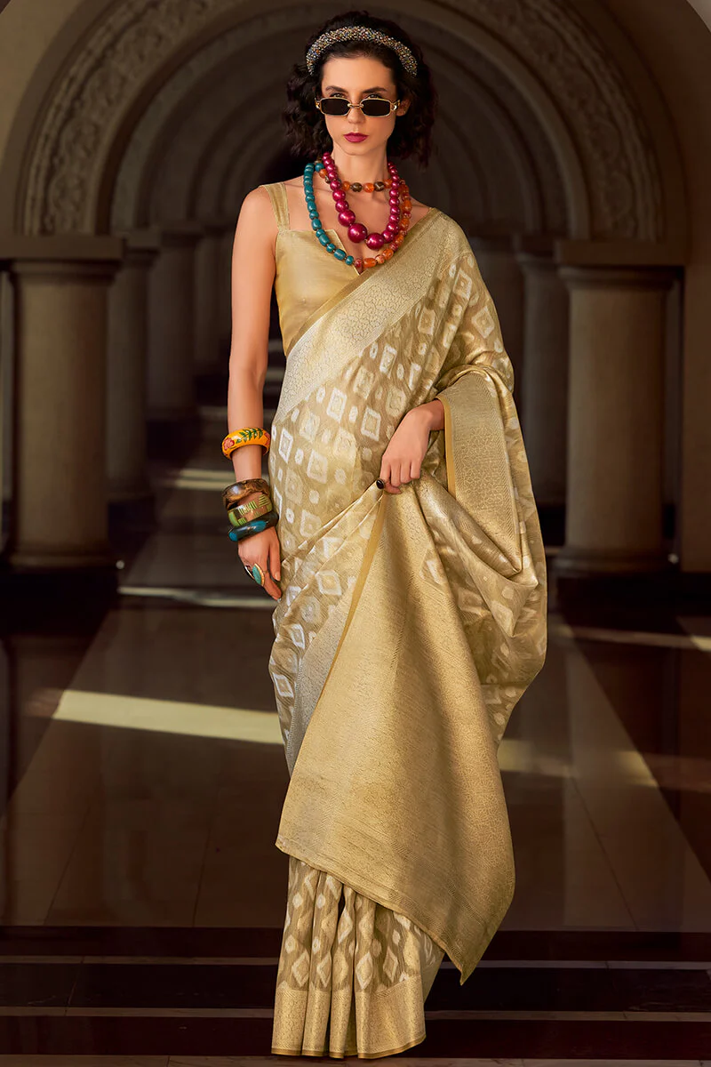 Resonant Beige Soft Banarasi Tissue Silk Saree With Imaginative Blouse Piece - Image 3