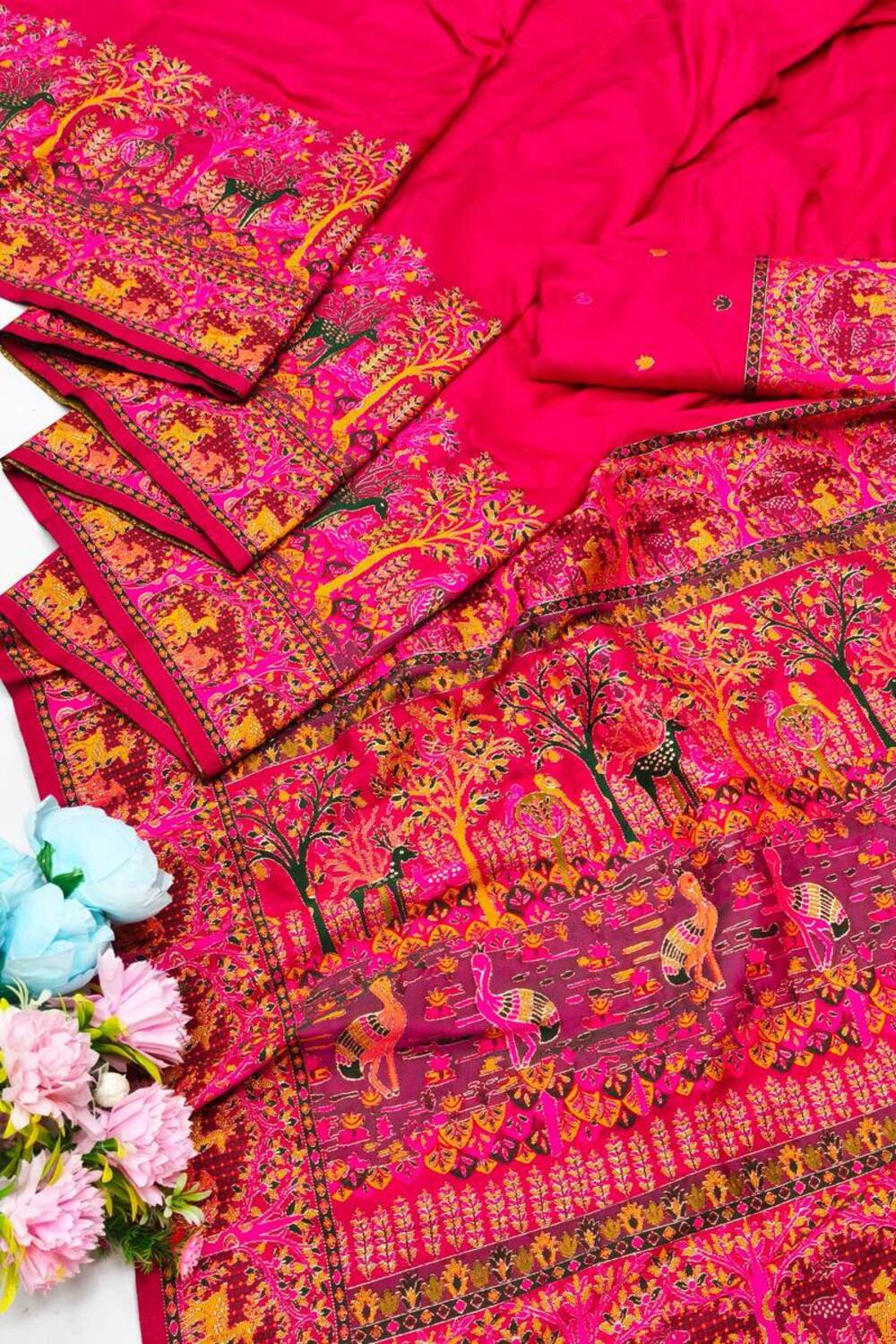 Resonant Dark Pink Nylon Dola Pashmina Saree With Profuse Blouse Piece - Image 3
