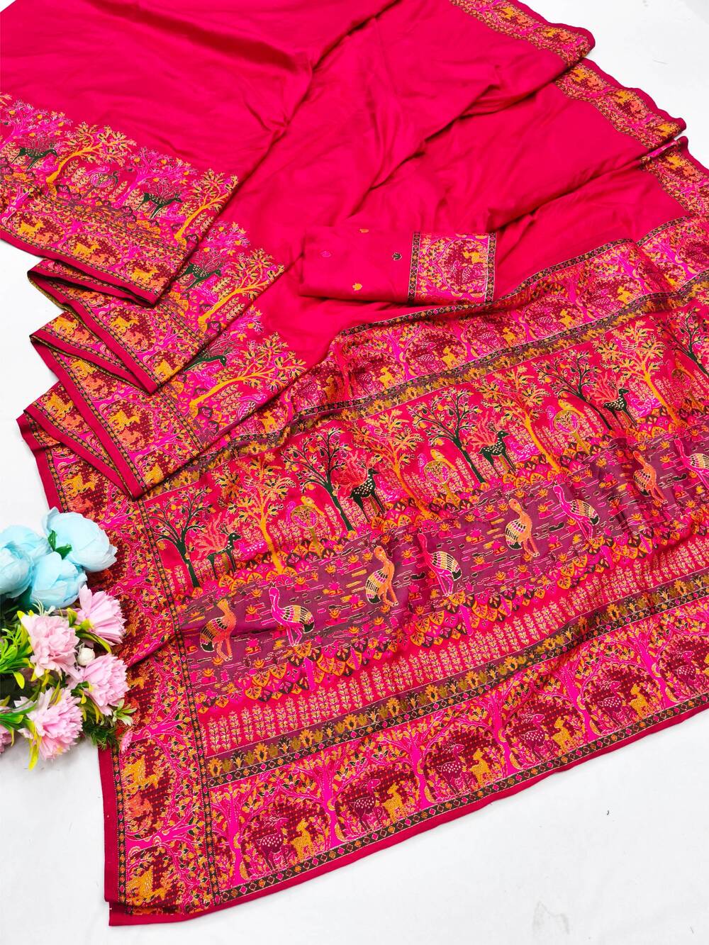 Resonant Dark Pink Nylon Dola Pashmina Saree With Profuse Blouse Piece - Image 5