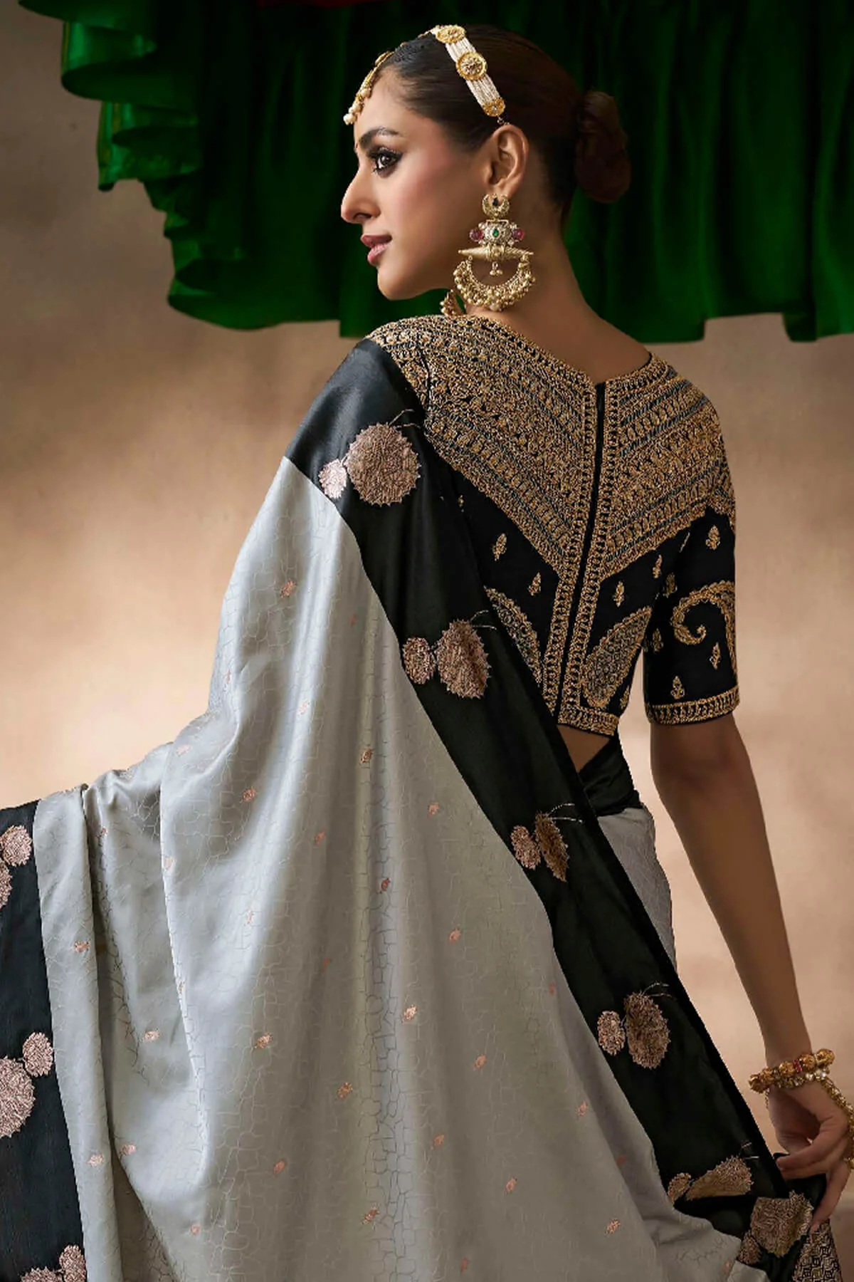 Resonant Grey Banarasi Satin Silk Saree With Enigmatic Blouse - Image 3