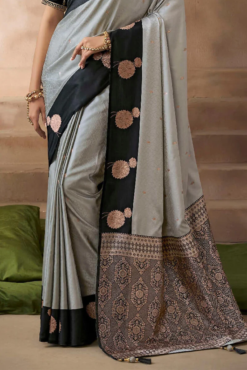 Resonant Grey Banarasi Satin Silk Saree With Enigmatic Blouse - Image 4