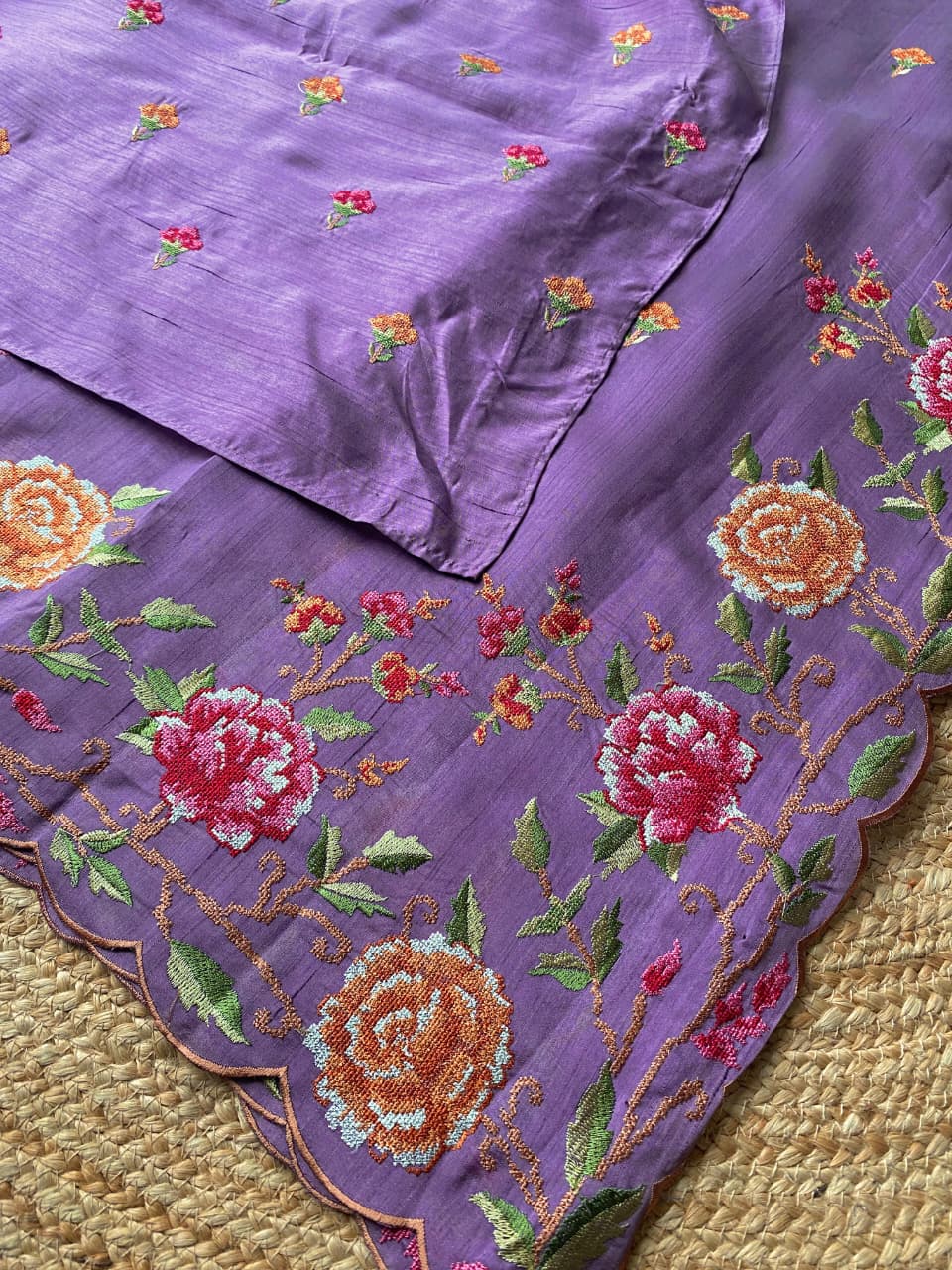 Resonant Lavender Embroidery Work Tussar Silk Saree With Enthralling Blouse Piece - Image 2