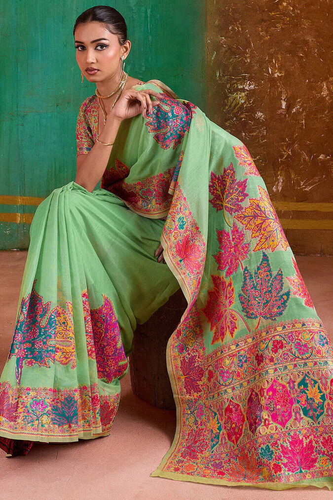 Resonant Pista Pashmina Saree With Classic Blouse Piece - Image 3