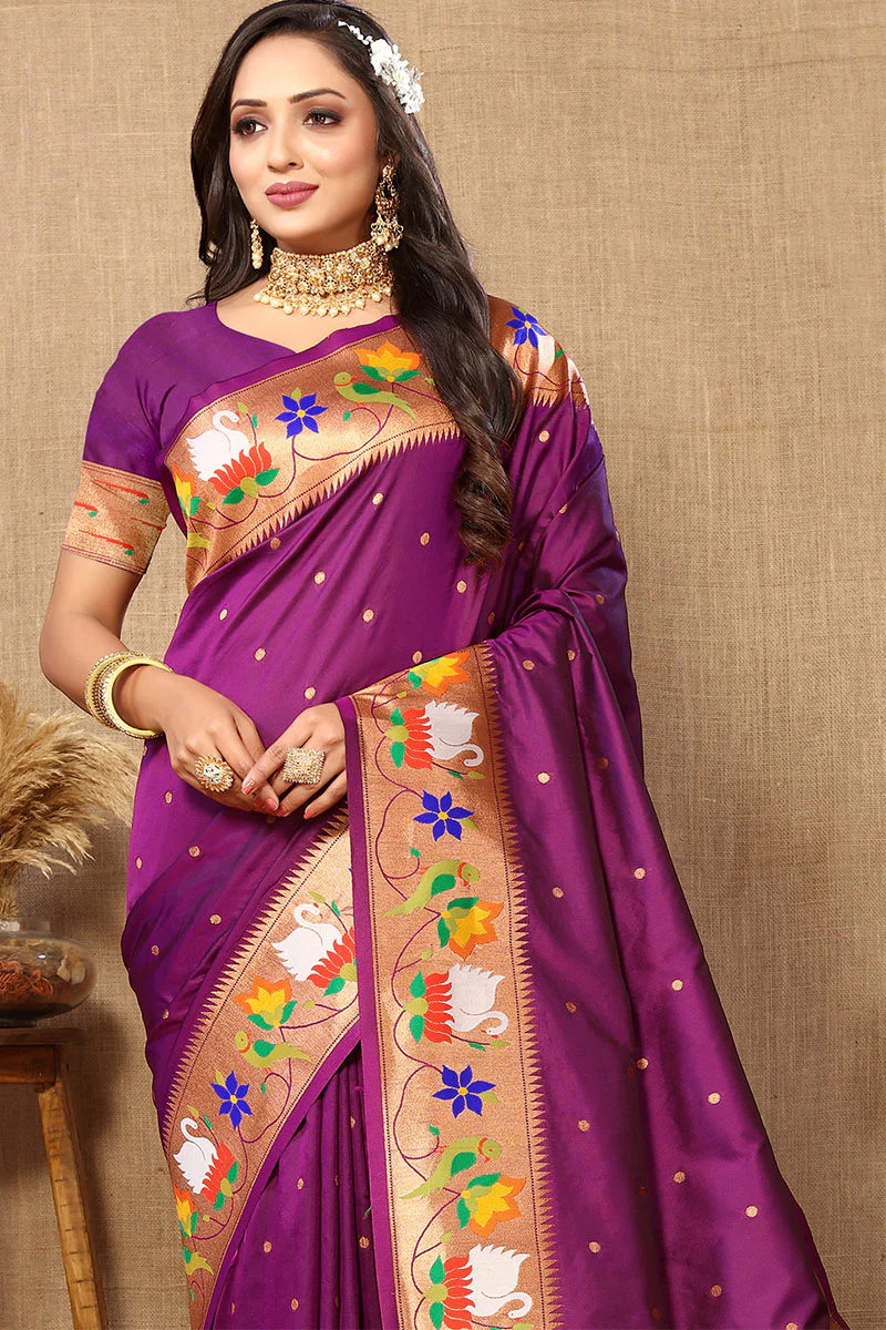 Resonant Purple Paithani Silk Saree With Posh Blouse Piece - Image 2