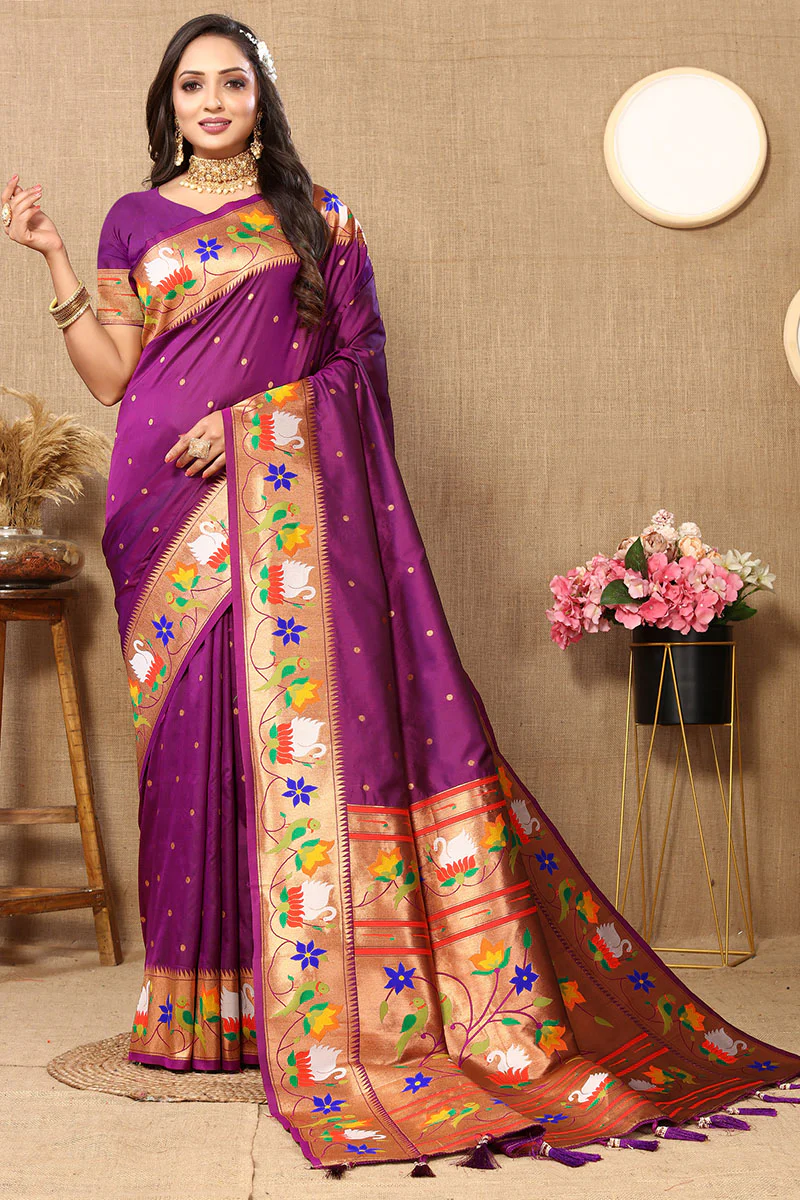 Resonant Purple Paithani Silk Saree With Posh Blouse Piece - Image 3
