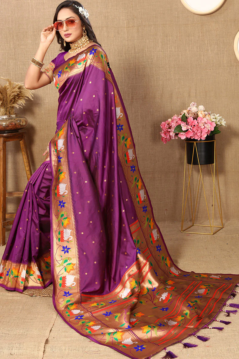 Resonant Purple Paithani Silk Saree With Posh Blouse Piece - Image 4